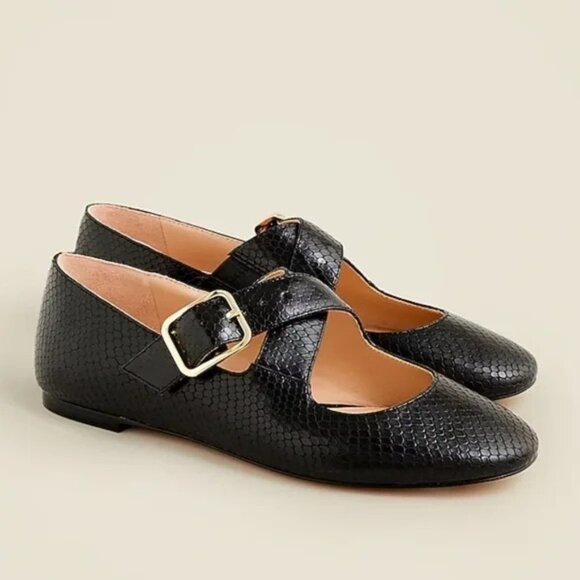 J. Crew Logan Mary Jane Ballet Flats Snake Embossed Italian leather Black Size 7